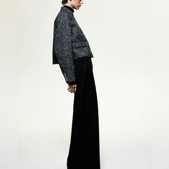 H&M Tweed Cropped Jacket Medium Black White Boucle Blazer Gold Buttons Classic - Picture 3 of 14
